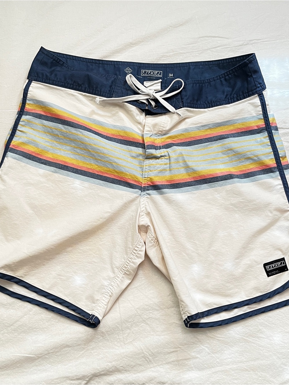 Ezekiel White Board Shorts with Navy Waist and Multicolor Stripes